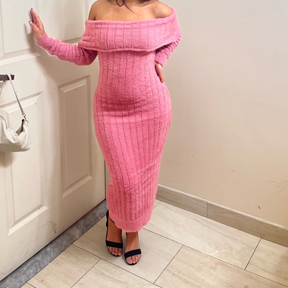 Fashion Nova Pink Off-Shoulder Long Sleeve Dress